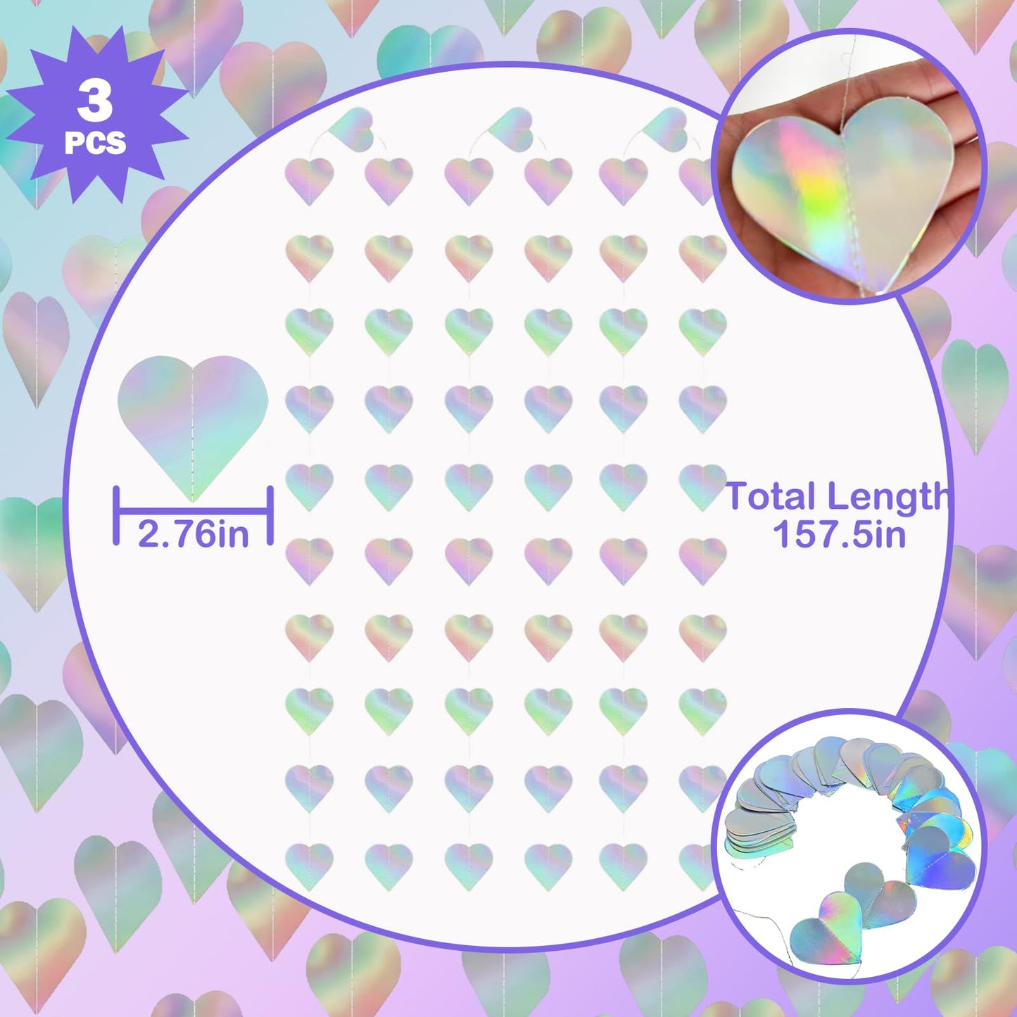 8 PCS Iridescent Disco-Holographic Party Decorations - Love-Heart Garland Streamers Banner, Disposable Laser Tablecloth, Tinsel Foil Fringe Curtains |