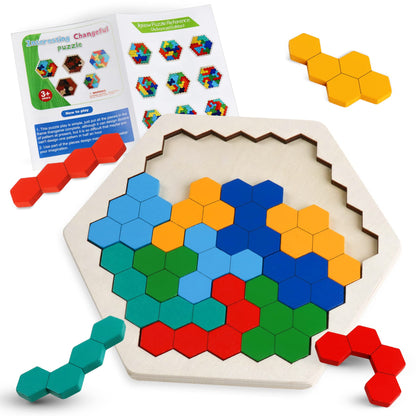 Skrtuan Wooden Blocks Puzzle for Kid Adults Brain Teaser Hexagon Puzzles Games Toy Shape Pattern Block Tangram Geometry Logic IQ STEM Montessori