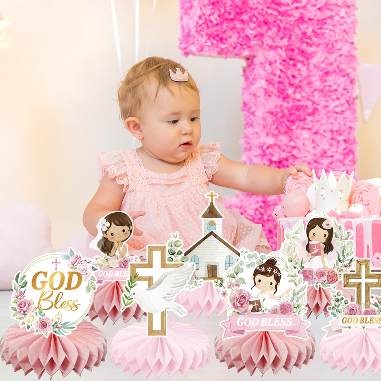 24Pcs Baptism Decorations for Girls, Pink Floral Baptism Centerpieces for Tables, Baptism Decor Honeycomb Centerpiece Double Sided Table Toppers