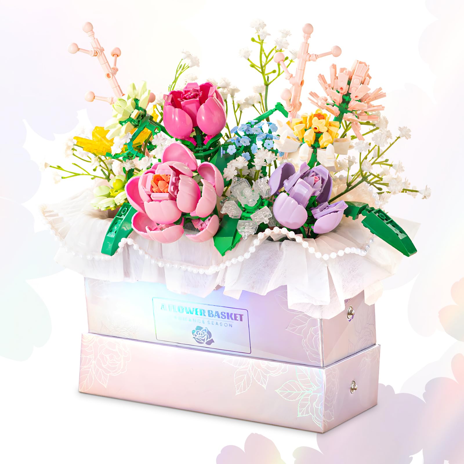 HIGH GODO Flowers Bouquet Building Set, Flowers Basket Building Blocks with Light, 706PCS Botanical Building Kit, Anniversaries Birthday for Women