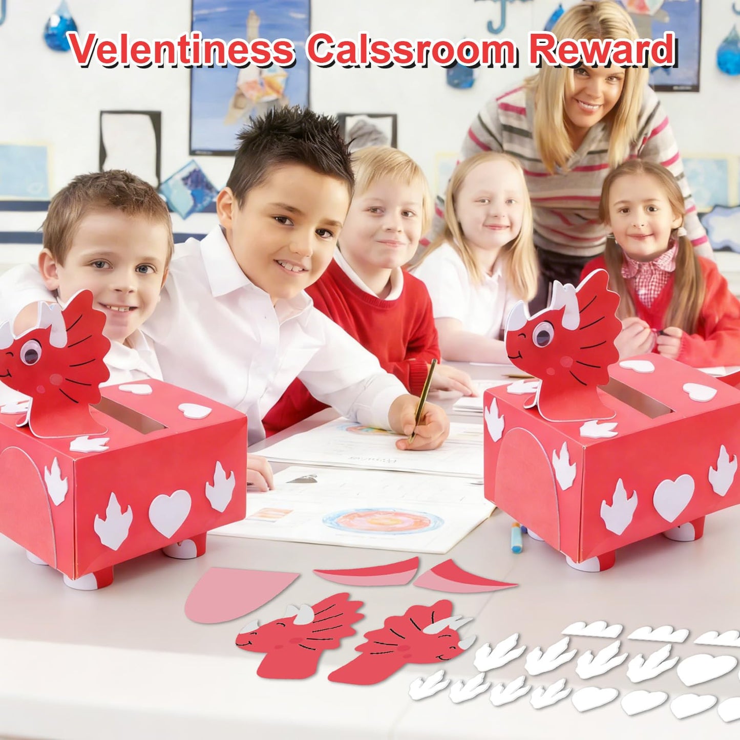 Fennoral 2 Pack Valentines DIY Mailbox for Kids Make You Own Valentine's Day Craft Kits with Foam Sticke Dinosaur Card Box for School Classroom Boys