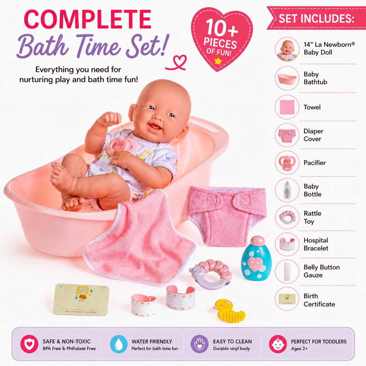 8 piece Layette Deluxe Bathtub Gift Set | JC Toys - La Newborn | 14" Life-Like Smiling Vinyl Newborn Doll w/ Accessories | Pink | Waterproof |Ages 2+