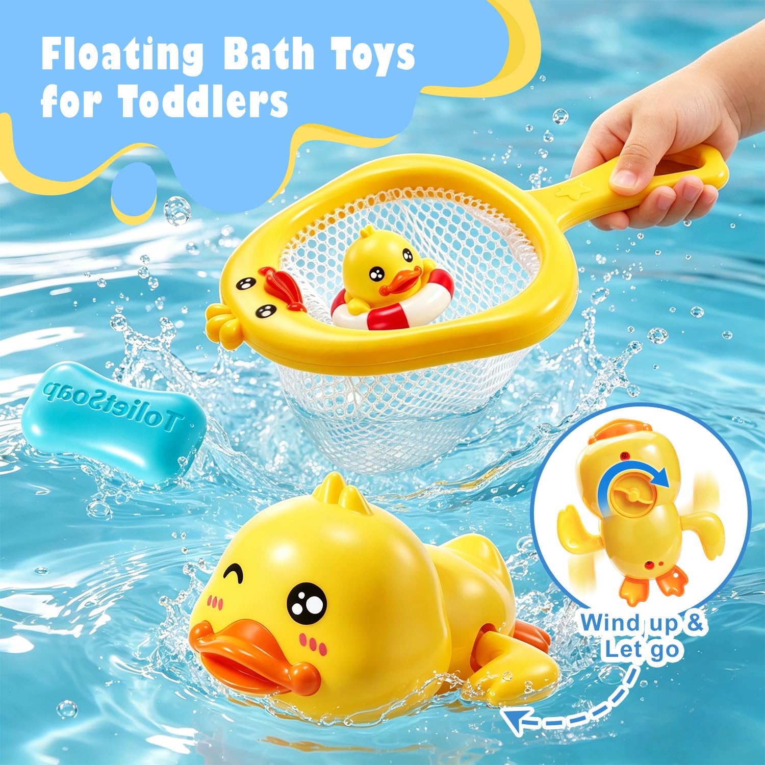 8 PCS Baby Bath Duck Toys for Toddlers Age 1-3, Kids Bathtub Toys Set with Squirt Gun, Watering Can, Floating Rubber Ducks and Fishing Net, Baby