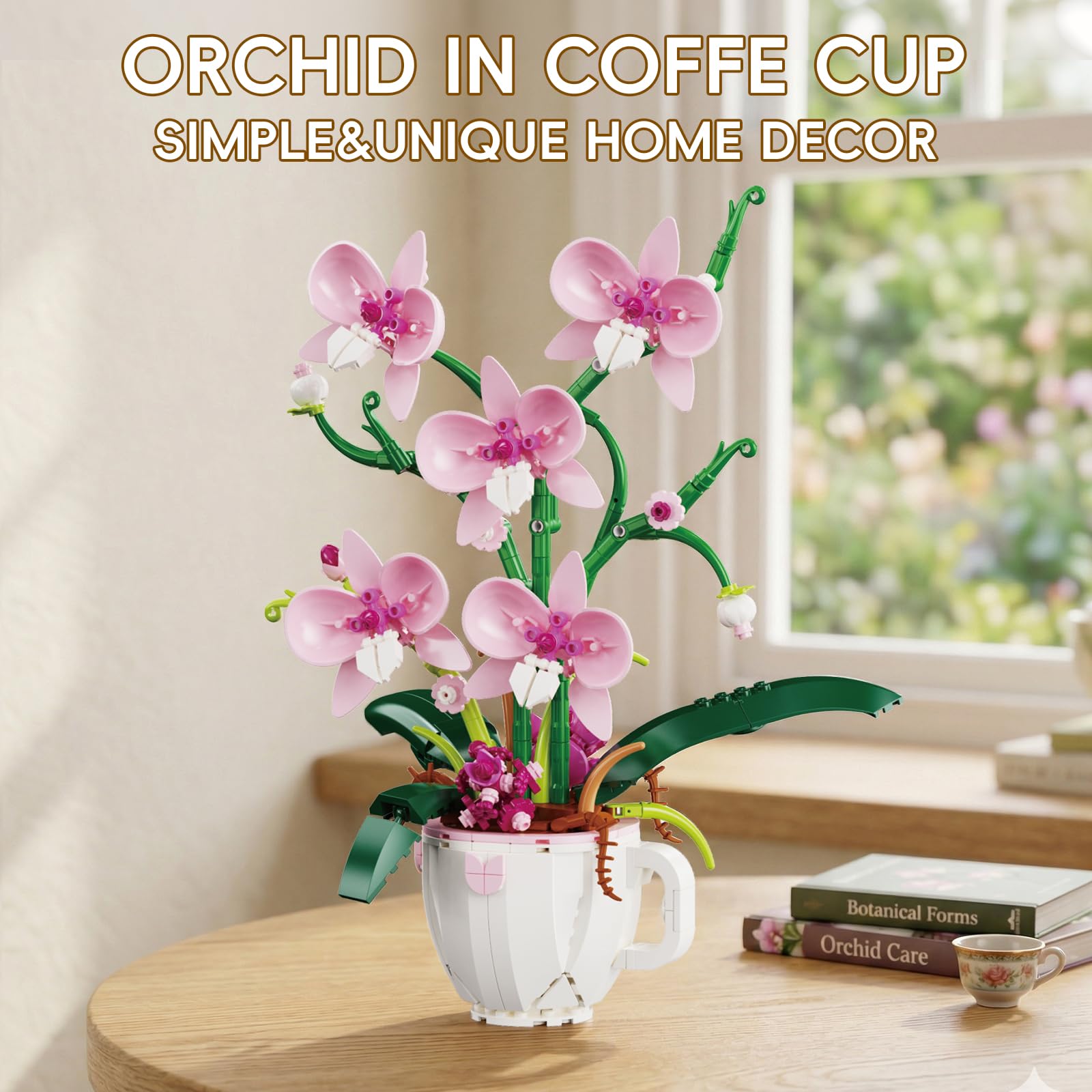 LQPFBSM Pink Orchid Flower Building Block Set in Coffee Cup 567 Pcs Botanical Bouquet Building Kit Elegant Home Office Desk Decor Creative Plant Craft