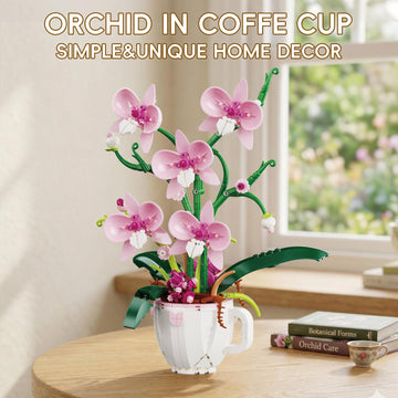 LQPFBSM Pink Orchid Flower Building Block Set in Coffee Cup 567 Pcs Botanical Bouquet Building Kit Elegant Home Office Desk Decor Creative Plant Craft