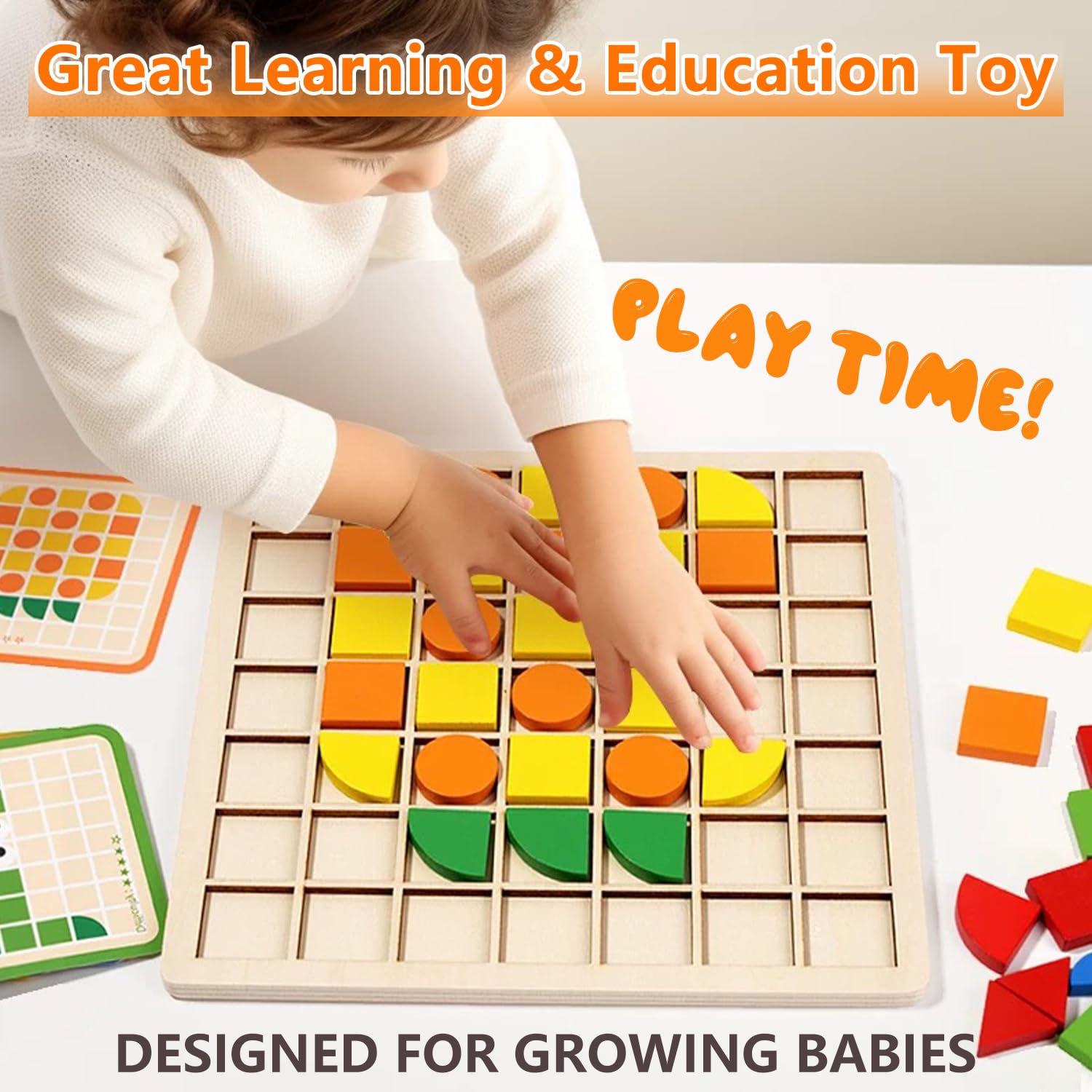 Mosaic Shape Wooden Pattern Blocks Puzzle, 120 PCS Wooden Pattern Blocks with 20 Pcs Reference Cards,Kindergarten Classic Educational Geometric Shape