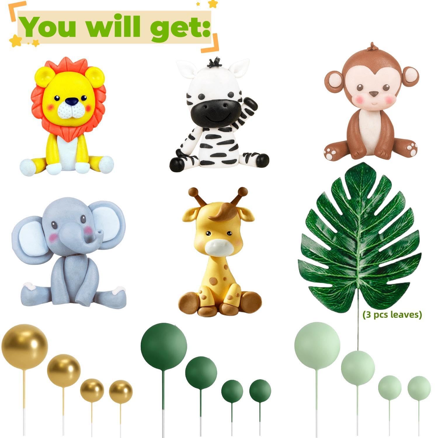 XLENGO 20 PCS Jungle Safari Animal Cake Topper with Lion Giraffe Monkey Elephant Zebra Colourful Balls Leaves Cake Decoration for Baby Shower Safari