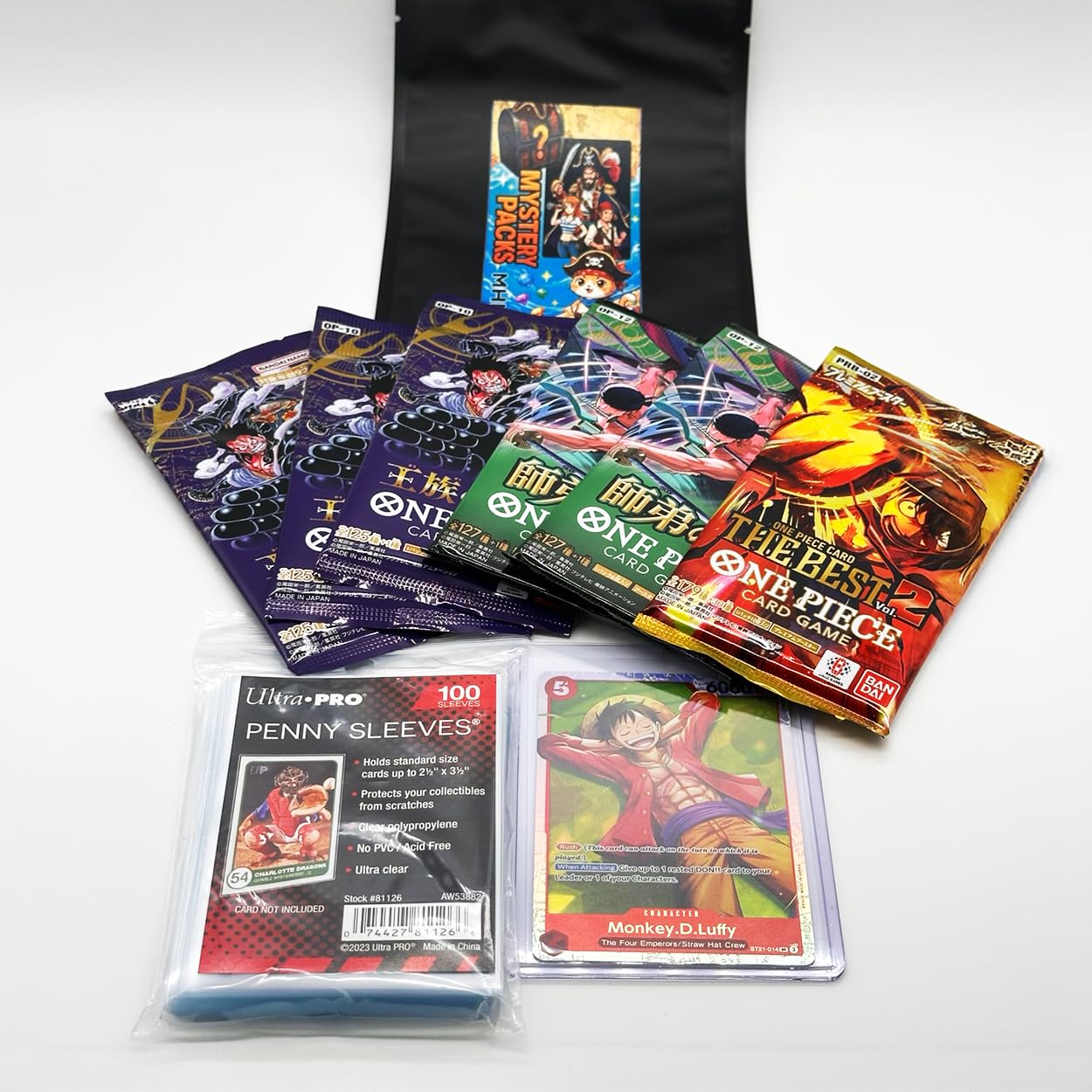 One Piece Card Game Mystery Pack Bundle - 6 Sealed Booster Packs (OP-09, OP-10, OP-13) + Ultra Pro Card Sleeves - Authentic Japanese TCG Packs