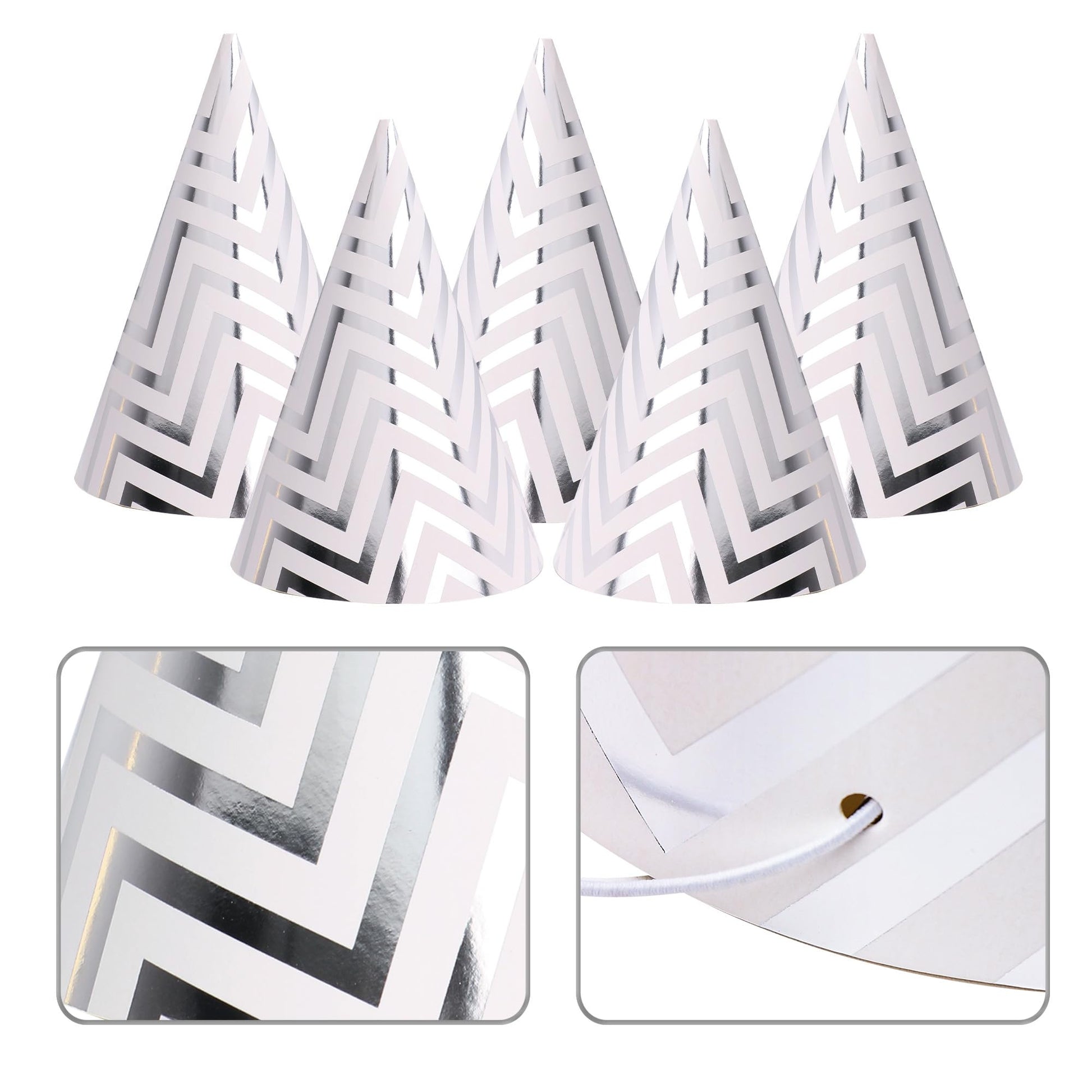 Boieo Silver Party Hats for Adults and Kids 10 Pack, 7.9 Inch Large Birthday Cone Hats Bulk, Metallic Foil Paper Headwear for Men, Women, New Year Eve