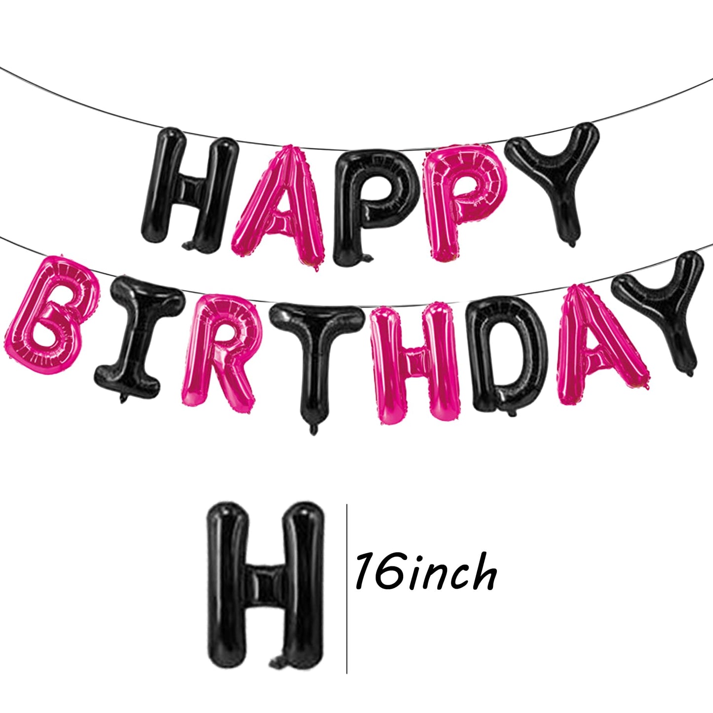 Happy Birthday Balloons Banner Black & Hot Pink 16 Inch for Kids and Adults Birthday Party Decorations Supplies