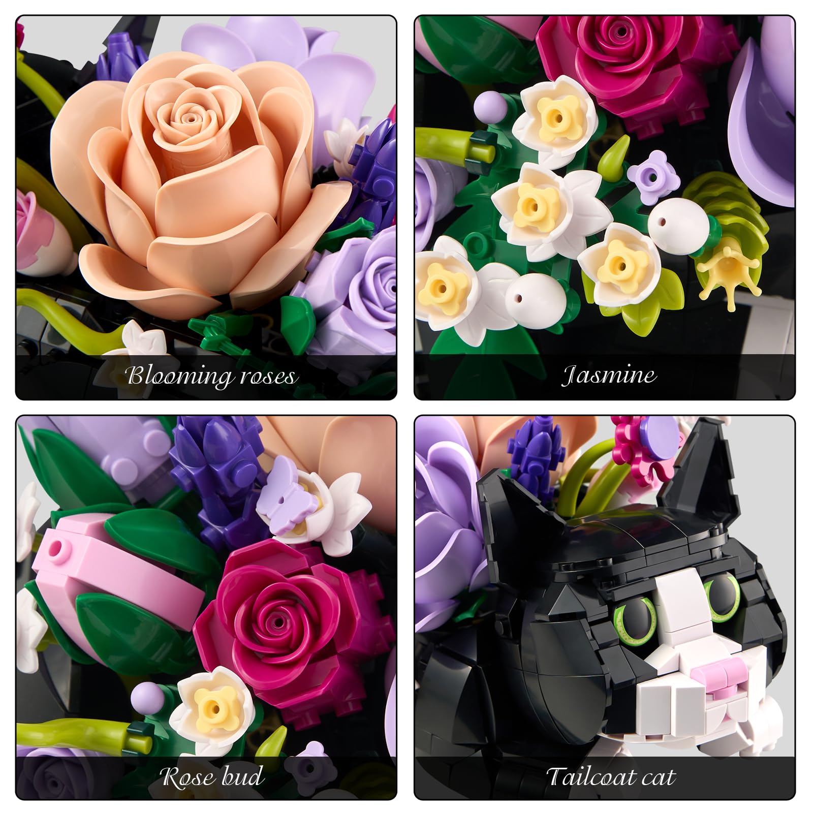 Tuxedo Cat Rose Bouquet Succulent Planter Building Blocks,Compatible with Lego Tuxedo Cat Flowers Pot,Creative Plants and Animals Decoration Rose