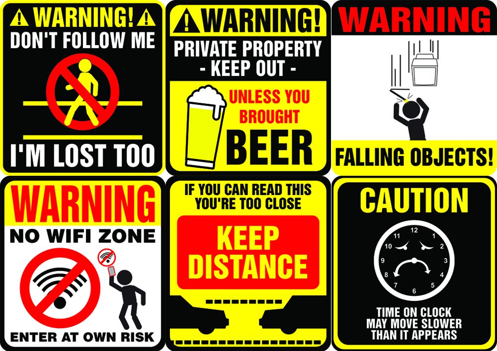 Creanoso Funny Warning Signs Stickers - 8 Bulk Sets (12 des. x 8pcs ea.) -Approx. A7-Sized 3.55x 3.94 in. Stocking Stuffers Premium Quality Gift Ideas