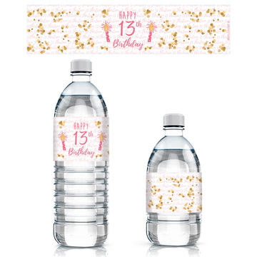 13th Birthday Water Bottle Labels - 20 Pink & Gold Waterproof Stickers for Girls Birthday Party Decorations, Supplies for Teen 13 Year Old Celebration