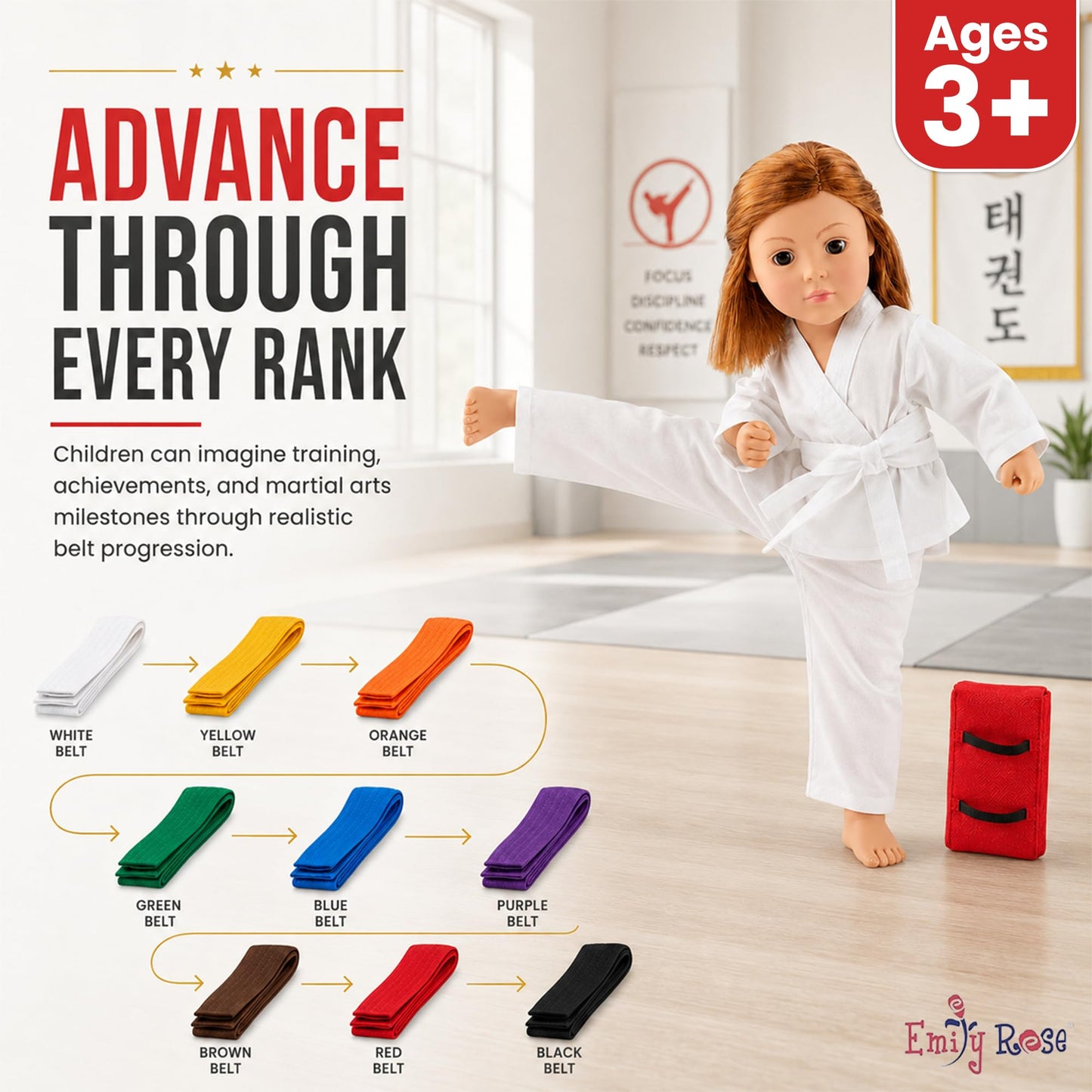 Emily Rose 18 Inch Doll Karate Outfit - 11 Pc Taekwondo Gi Set with Belts