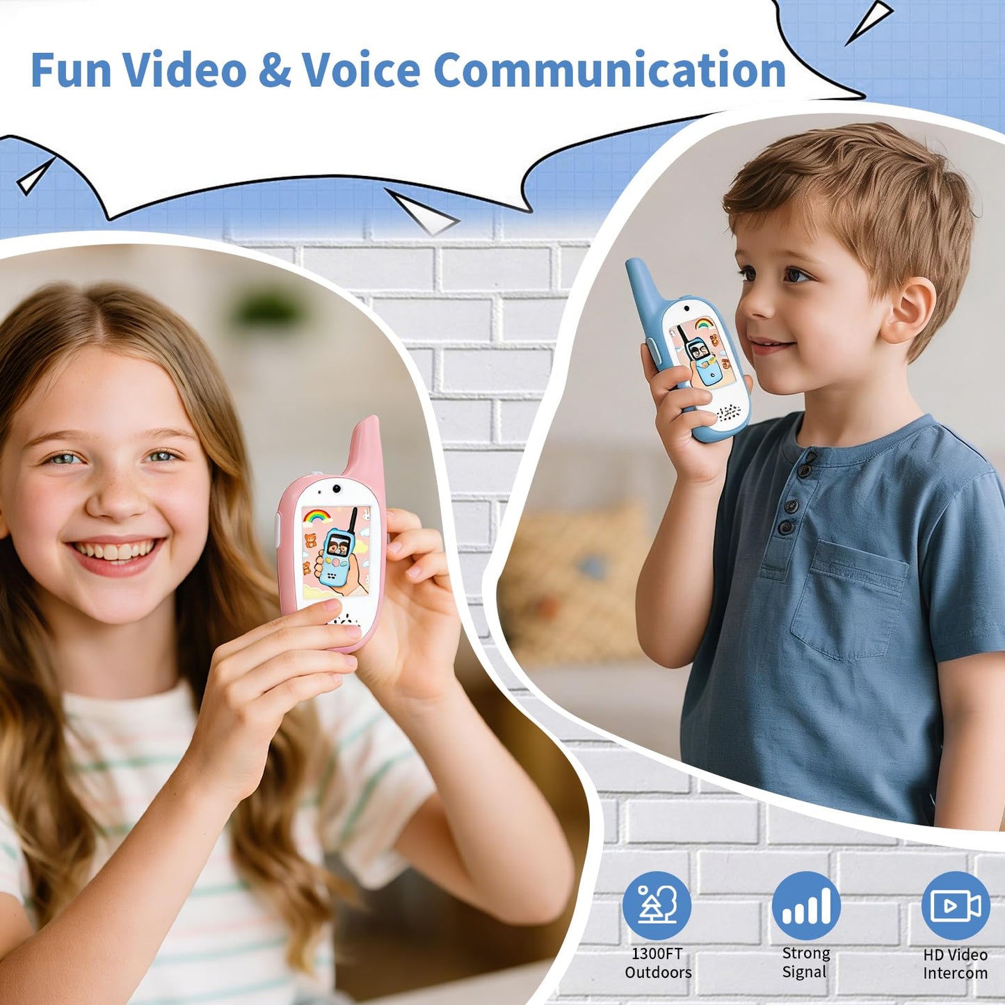 Kids Video Walkie Talkies 2 Pack,Signal of penetrates Two Walls,Rechargeable,HD Camera & 2" IPS Screen,Real-Time Video Call,3 Voice and 4 displays