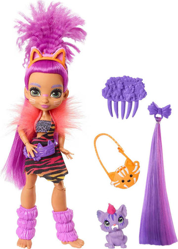 Mattel Cave Club Roaralai Doll (8 10-inch, Purple Hair) Poseable Prehistoric Fashion Doll with Dinosaur Pet and Accessories, Gift for 4 Year Olds and