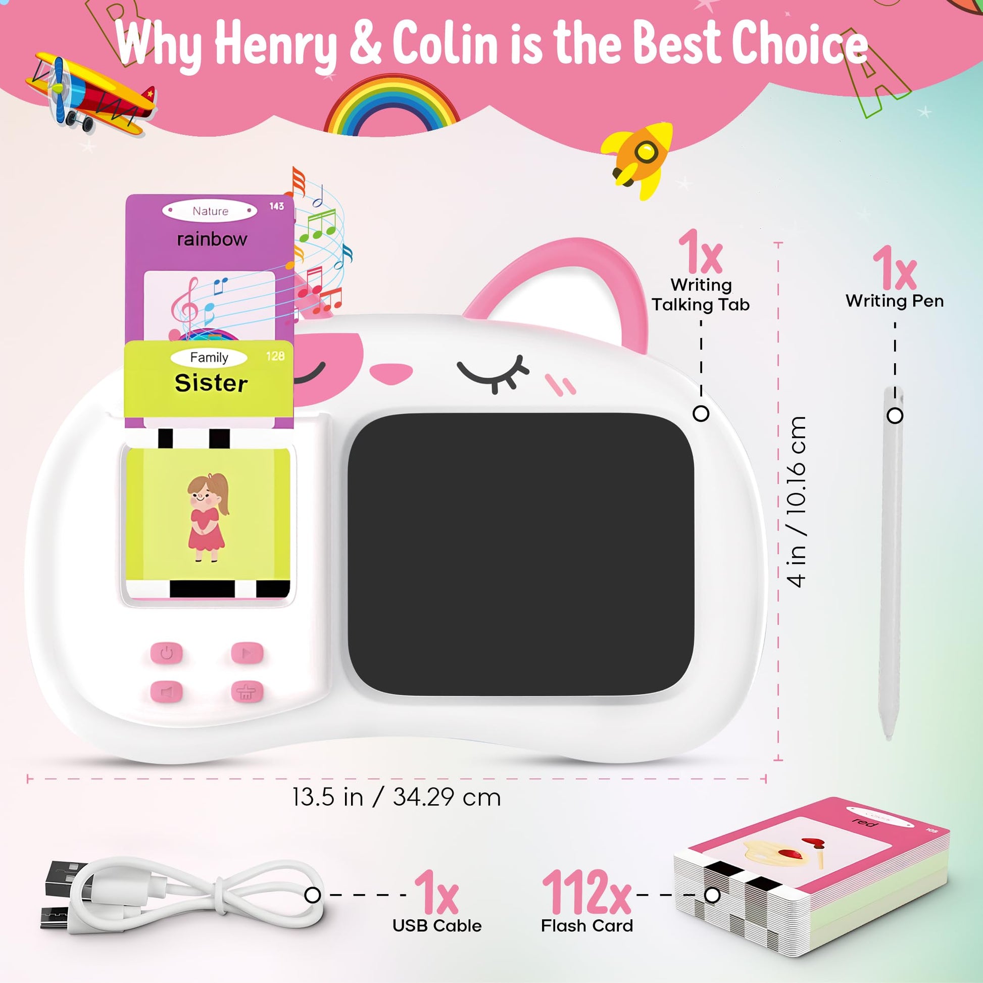 Henry & Colin Smart Talking Flash Cards Reader with LCD Writing Drawing Tablet Card for Kids - Colorful Drawing Pad, Educational Toy, Reusable Board