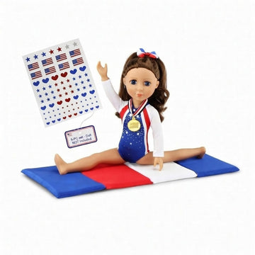 Emily Rose 14" Doll 5-PC Gymnastics Outfit Set with Bejeweled Leotard, Winner Medal & Reusable Stickers | Padded Mat & Hair Tie | Fits WellieWishers &