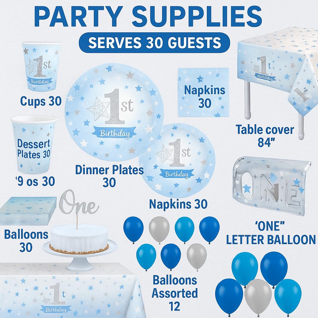First Birthday Baby Boy Party pack for 30 Guesy Tableware Kit Plates Cups Napkins Table Cover Balloons Banner Ideal for 1st Birthday theme baby