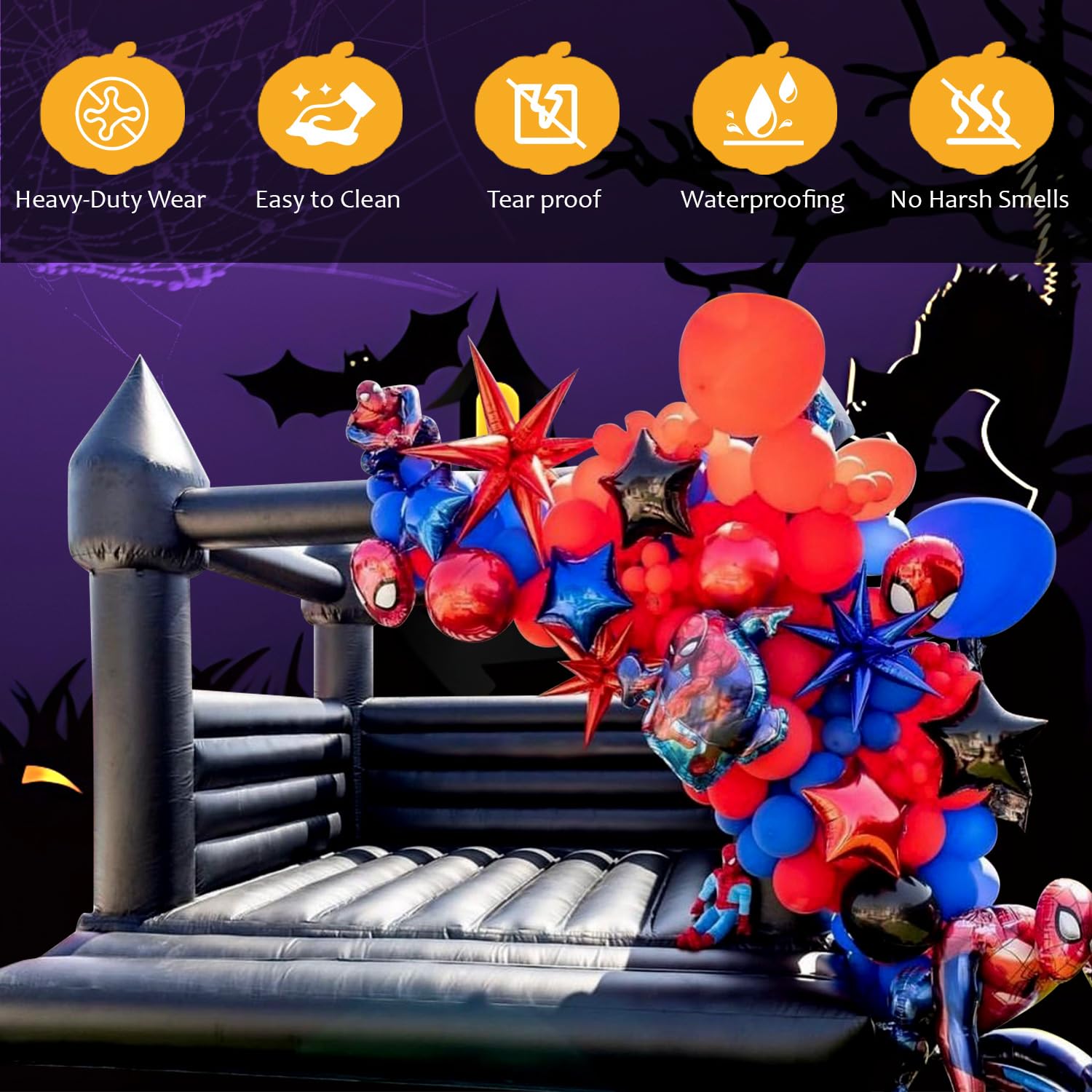 Black Bounce House for Adults Kids, 100% PVC Commercial Halloween Bounce House with 750W Powerful Blower, Outdoor Indoor Halloween Inflatable Party