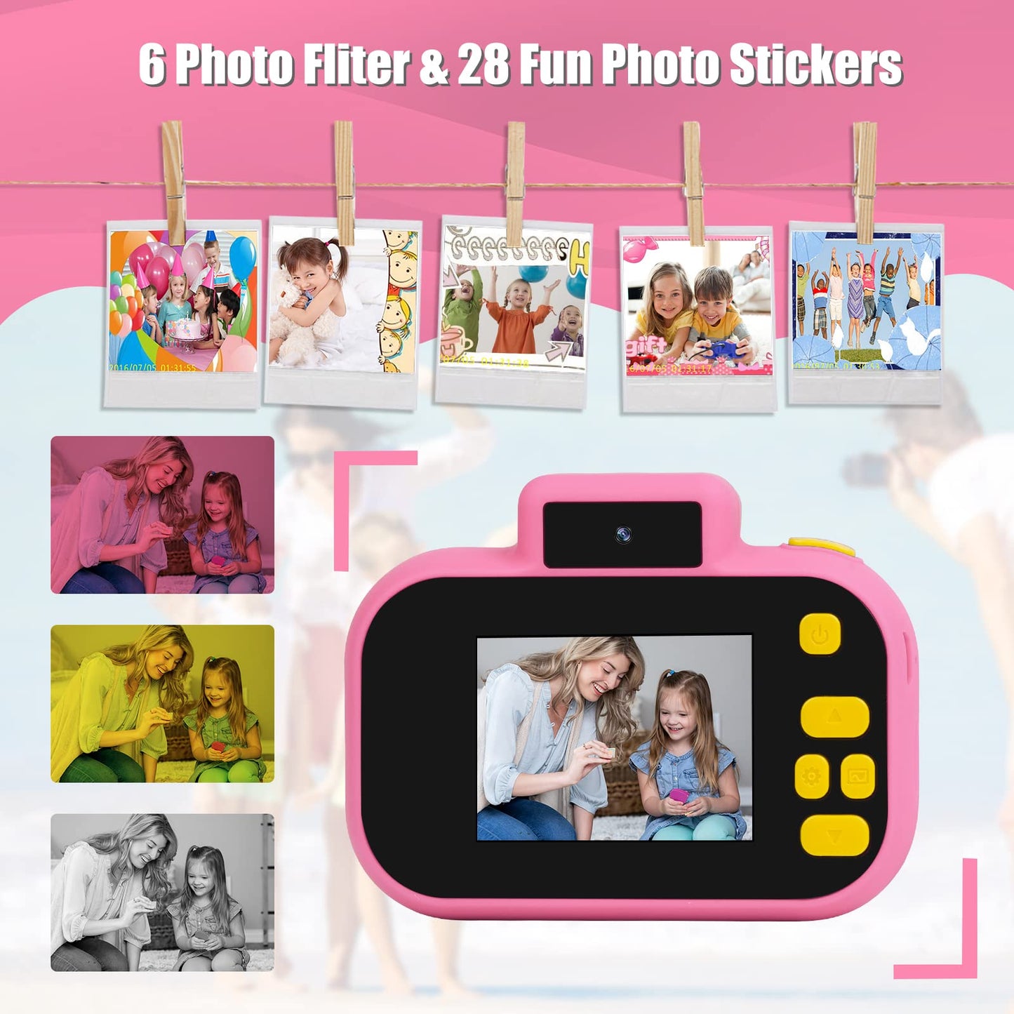 Kids Camera, Toddler Selfie Digital Pink Camera Birthday Toys Gift for Girls Age 3-9, Portable Kids HD Digital Video Recorder with 32G SD Card, Toys
