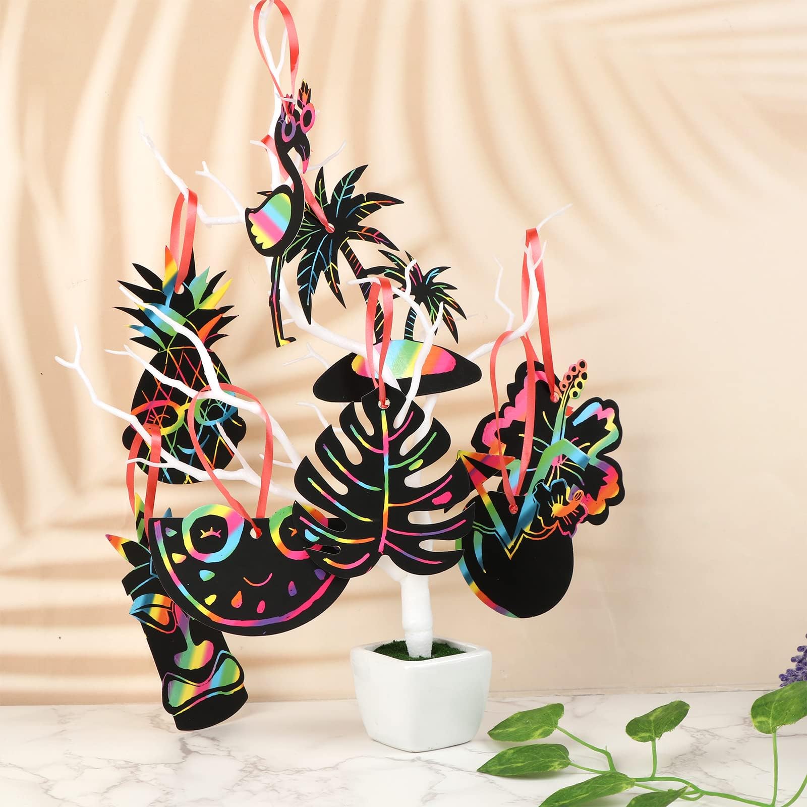 64 Pcs Hawaiian Luau Party Scratch Cards Art Magic Rainbow Scratch Cards Flamingo Pineapple Beach Coconut Shape Scratch Paper Art Crafts with Stick