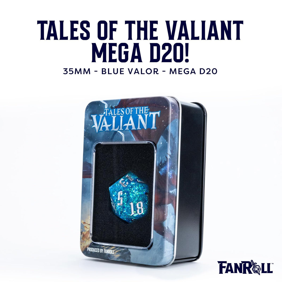 FanRoll Tales of the Valiant Mega D20 Dice, 35mm, Blue Valor, Mammoth Dice