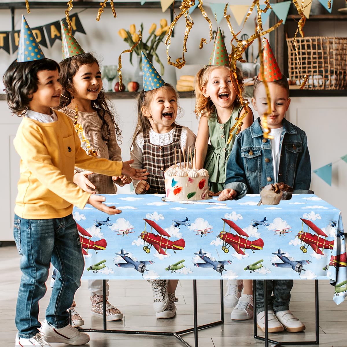 GREHUMOR 3pcs Airplane Party Decorations Airplane Party Tablecloth Supplies Disposable Plastic Helicopter Blue Sky White Theme Table Cover for Kids