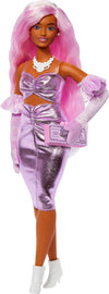 Barbie Deluxe Style Doll #1 in Barbiecore Outfit, Pink Hair and Glossy Pink Dress with Accessories Like Velvet Gloves, Money Purse, and More