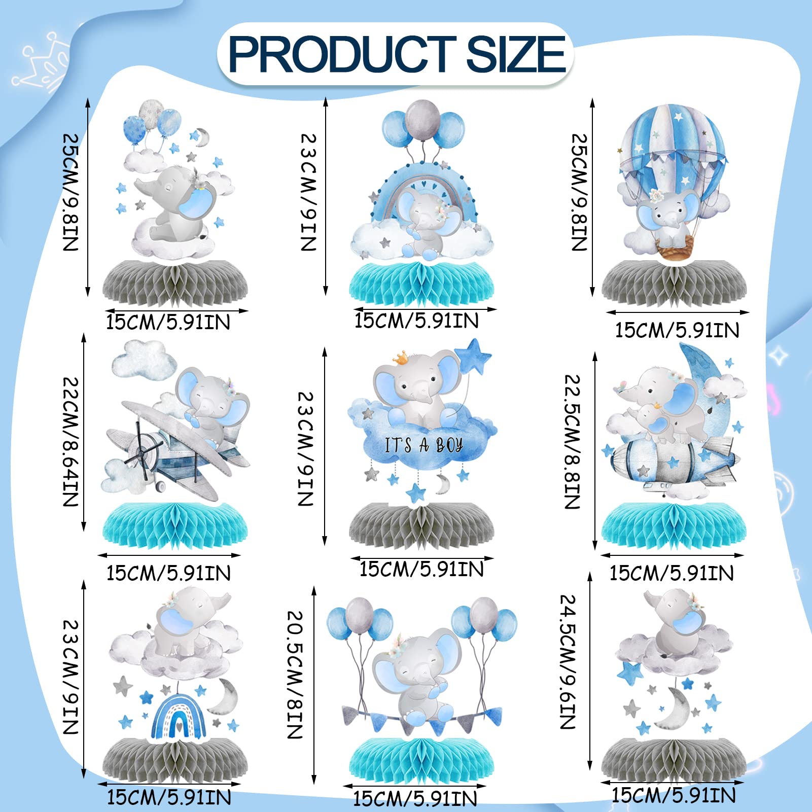 9 Pcs Elephant Baby Shower Honeycomb Centerpieces Party Decor for Boys,Cute Blue Elephant Honeycomb Balloons Star Moon Topper 3D Table Decoration