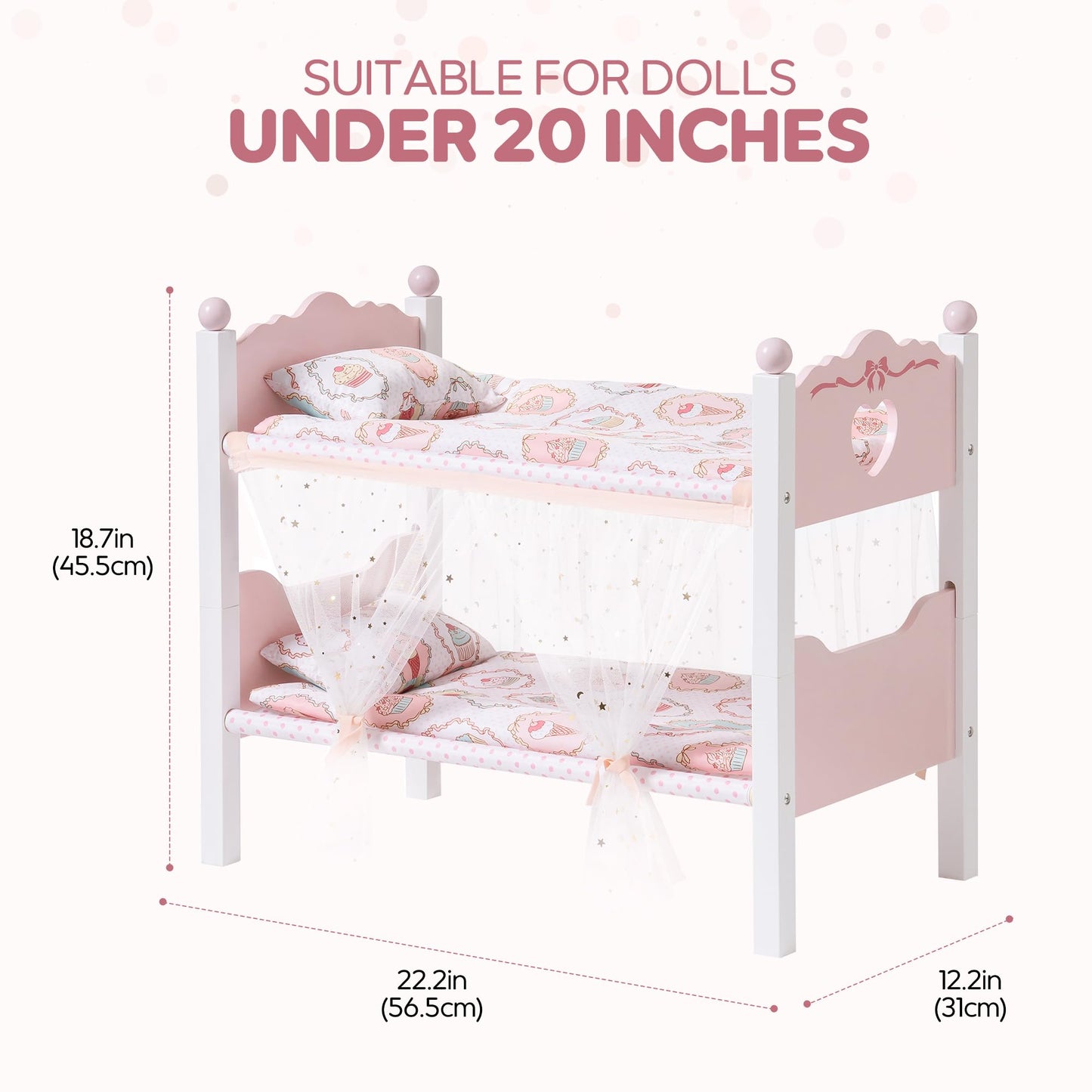 ROBOTIME Baby Doll Bunk Beds, Wooden Baby Doll Crib with Starry Curtain, Stackable Toy Crib for 18 Inch Dolls, Doll Bed Playset with Bedding