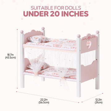 ROBOTIME Baby Doll Bunk Beds, Wooden Baby Doll Crib with Starry Curtain, Stackable Toy Crib for 18 Inch Dolls, Doll Bed Playset with Bedding