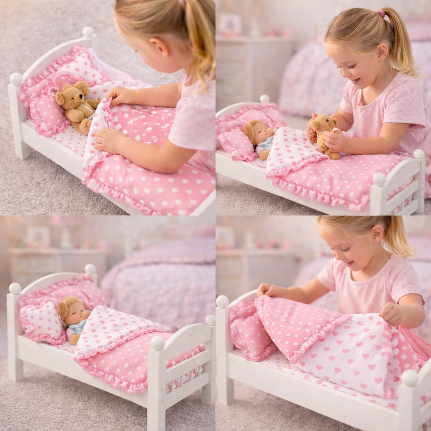 Emily Rose 18" Doll Pink Heart Valentines Bedding Set - 5 Pc Doll Bed Bedding & Bedroom Accessories with Comforter, Pillows & Matress Covering Flat