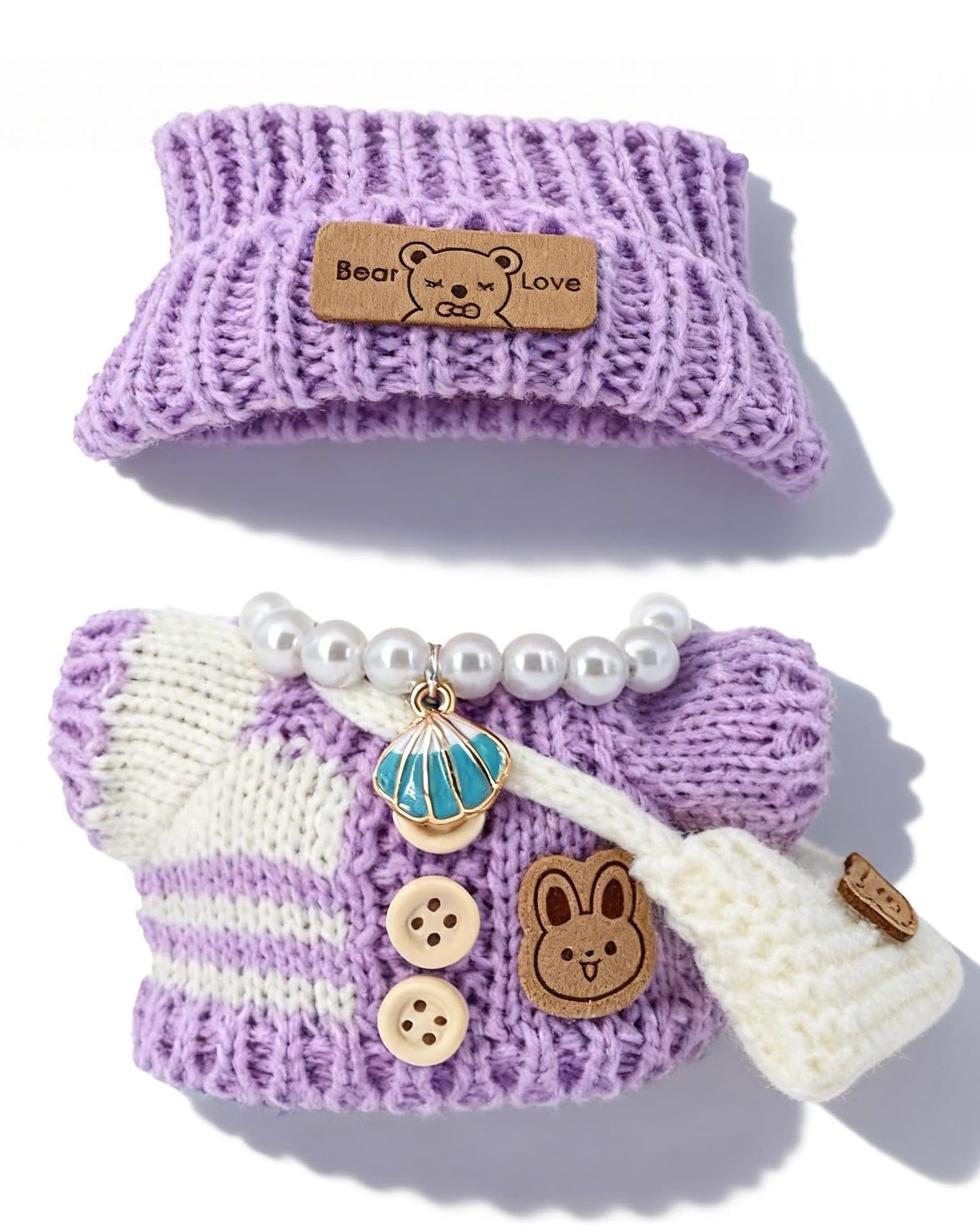 Evowatt Doll Outfits, Clothes for Labubu 17cm Doll, 4-Piece Knitted Doll Clothes Set - Striped Sweater, Beanie Hat, Mini Bag & Shell Bracelet, Purple