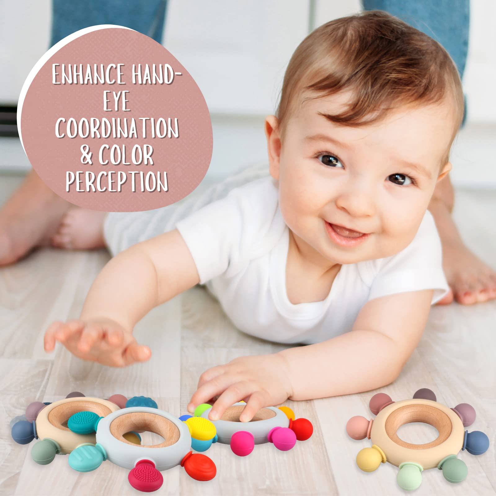 Baby Teething Toys, Silicone Chewable Teethers with Wooden Ring for Soothing Babies Gums, Rudder Chewers Shower Gift for lnfants & Toddlers, 3+ Months