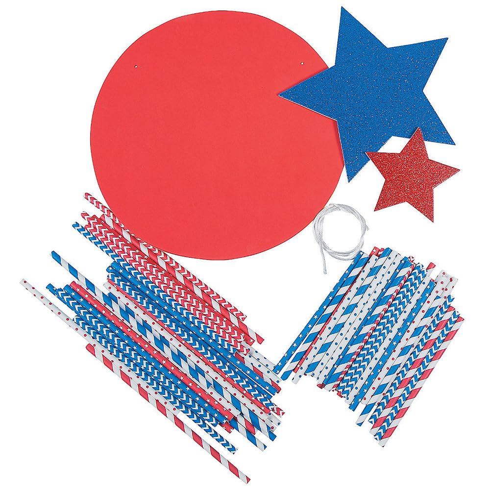 Fun Express Patriotic USA Straw Wreath Craft Kit - Makes 3 - DIY 4th of July Craft Kits