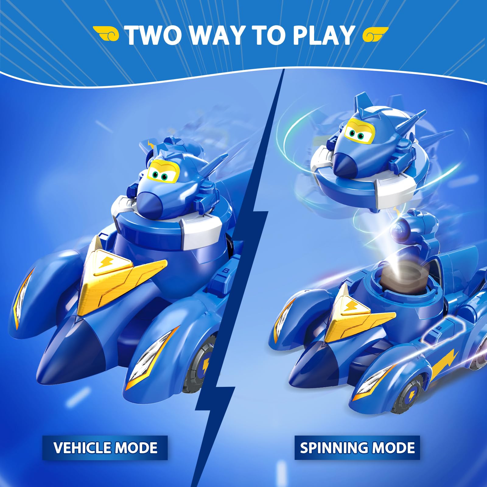 Super Wings Race Car Toys, 5 in Jerome Spinning Tops and Race Car Toys for Kids, 2-in-1 Mode Vehicle Toys Cars for 3 4 5 6 7 8 Year Old Boys