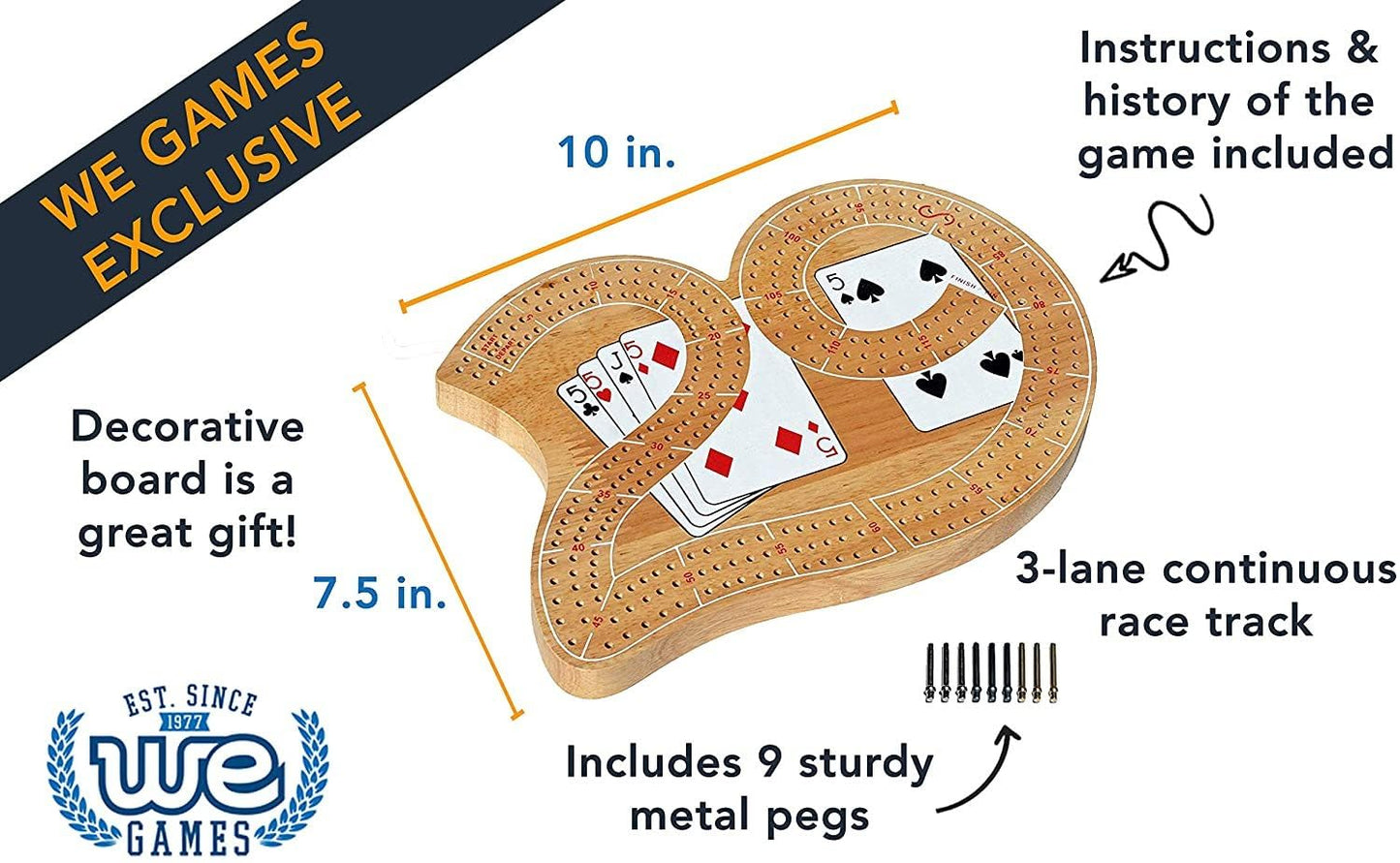 WE Games Classic 29 Cribbage Set - Solid Wood 3 Track Board with Metal Pegs, Unique Design and Cribbage Board Game Set for Adults, 9 Metal Cribbage