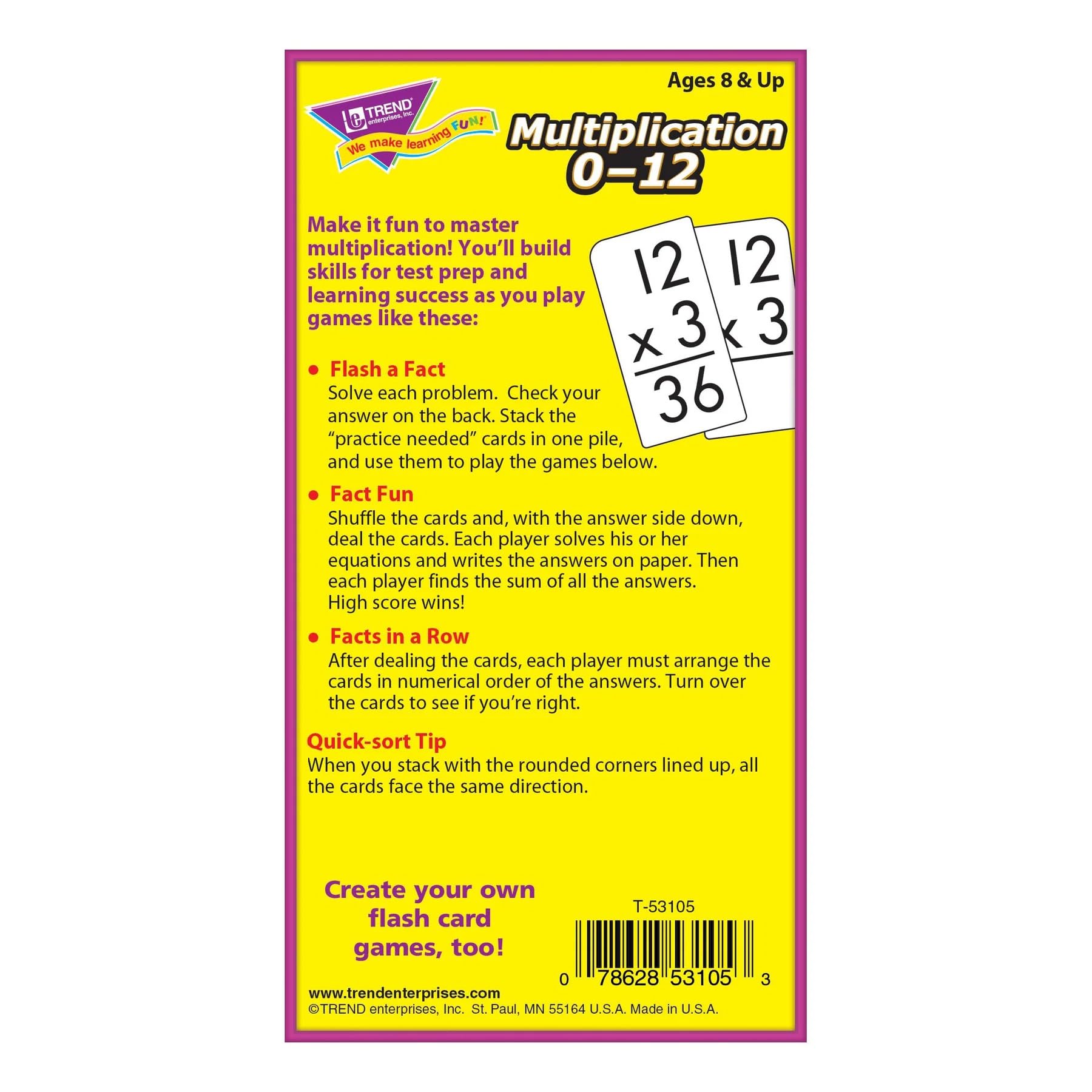 TREND ENTERPRISES: Multiplication 0-12 Skill Drill Flash Cards, Exciting Way for Everyone to Learn, Facts Through 12, Self-Checking, Great for Skill
