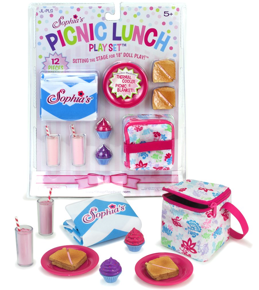 Sophia's Picnic Lunch Accessories Set with Pretend Food, Drinks, Napkins, Blanket and Thermal Cooler for 18" Dolls, Multicolor