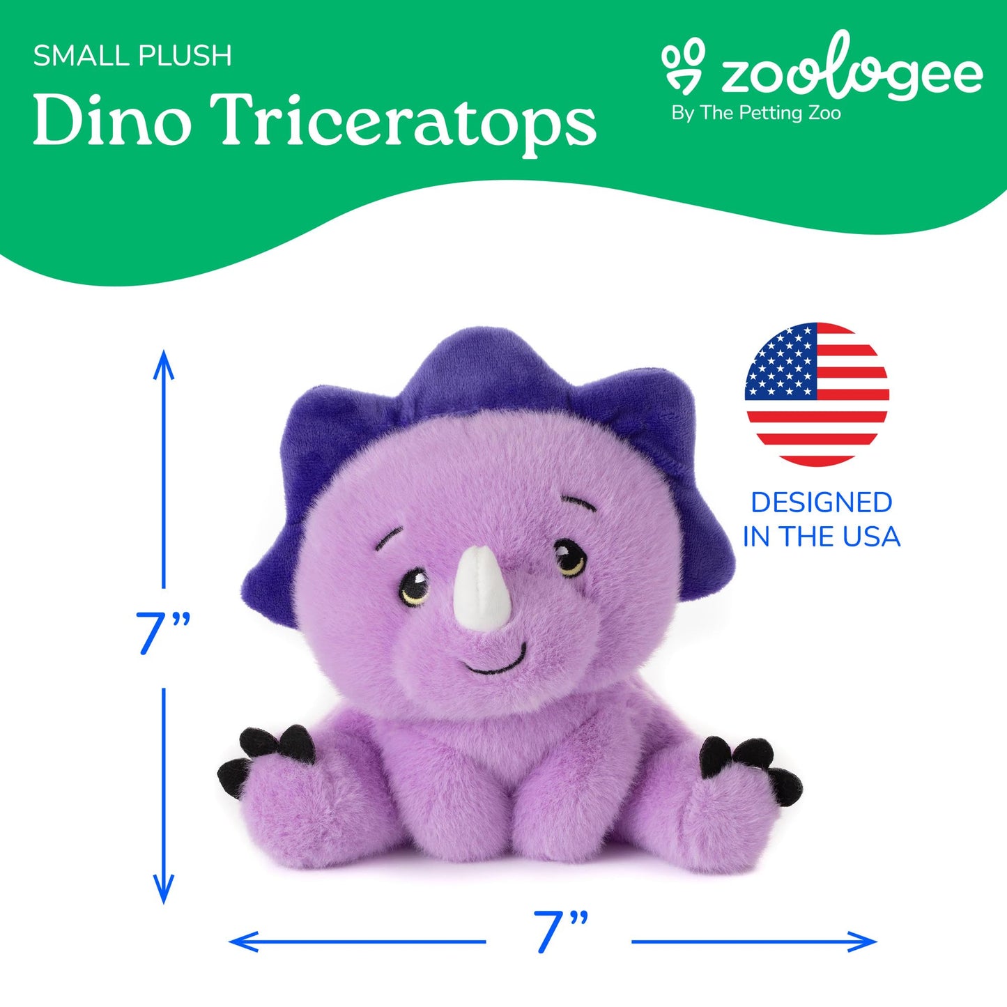 The Petting Zoo Dinosaur Triceratops Stuffed Animal Plushie, Gifts for Kids, Snugletz Zoologee Plush Toy, 7 in
