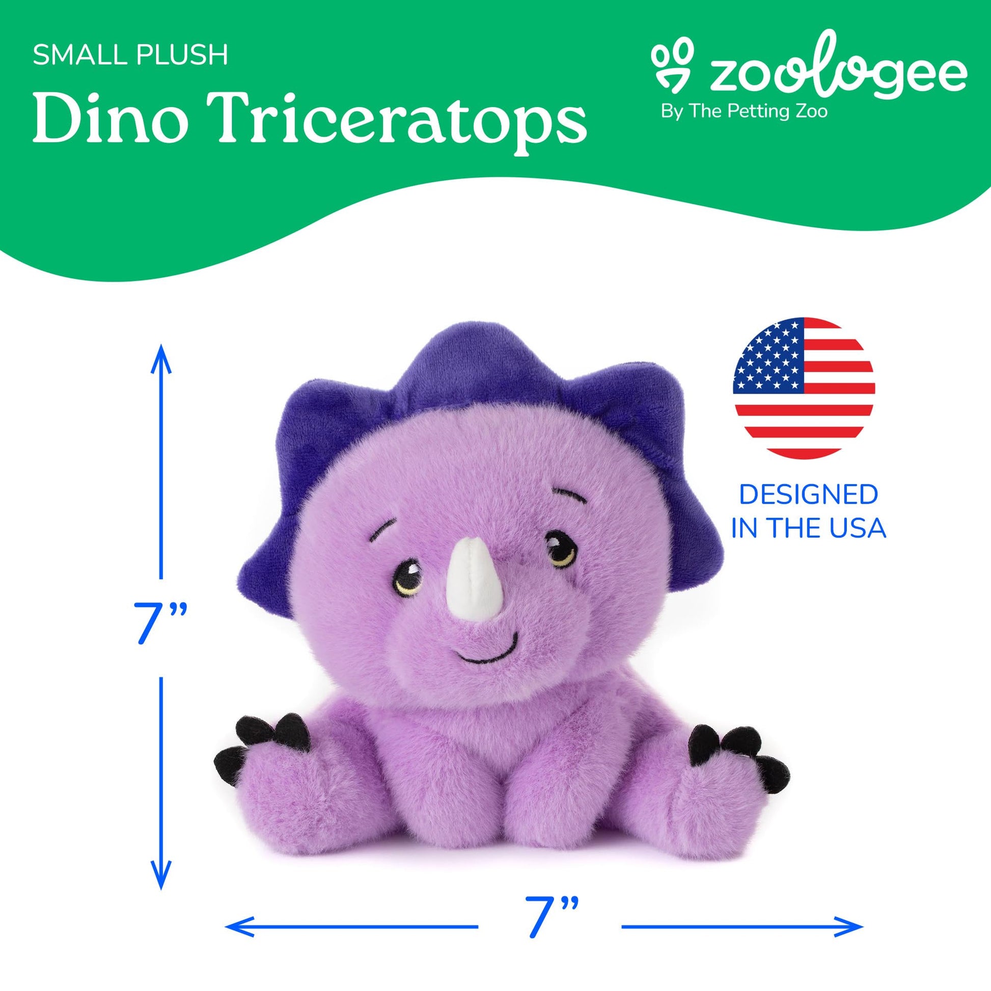 The Petting Zoo Dinosaur Triceratops Stuffed Animal Plushie, Gifts for Kids, Snugletz Zoologee Plush Toy, 7 in