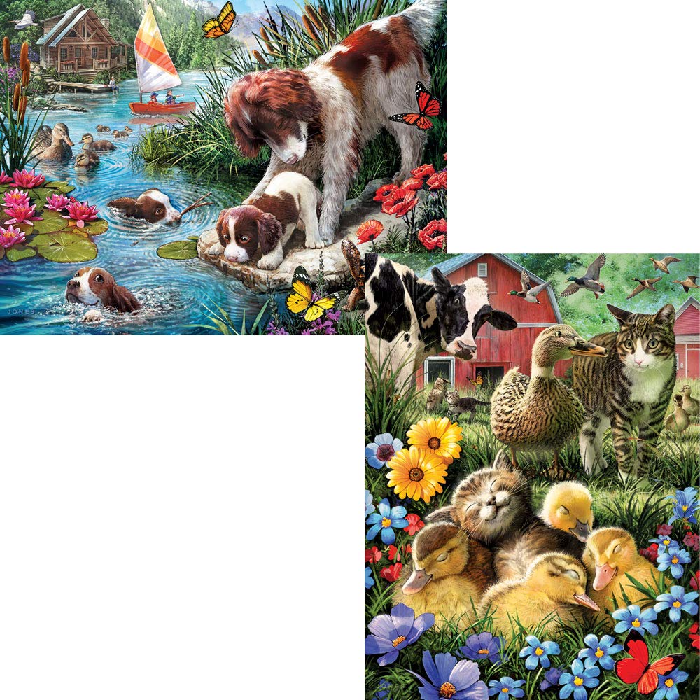 Bits and Pieces - Value Set of Two 500 Piece Jigsaw Puzzles for Adults - Cat Nap, Puppy Swimming Jigsaw Puzzles by Artist Larry Jones, Completed
