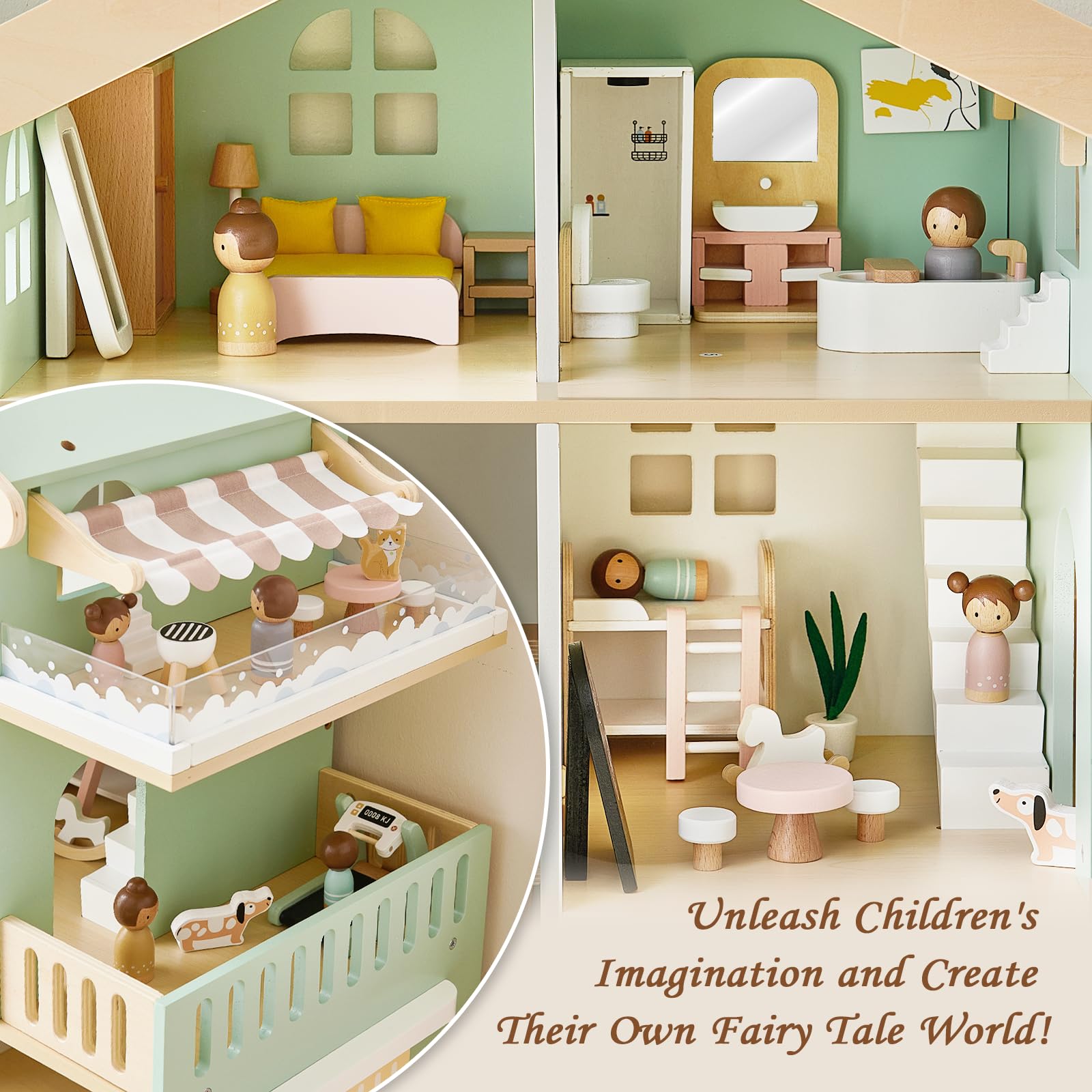 Joylike Wooden Dollhouse for Kids, Family Dollhouse with 53PCS Including Toy Figures, Furniture and Accessories, Ideal Gift for Kids Ages 3+