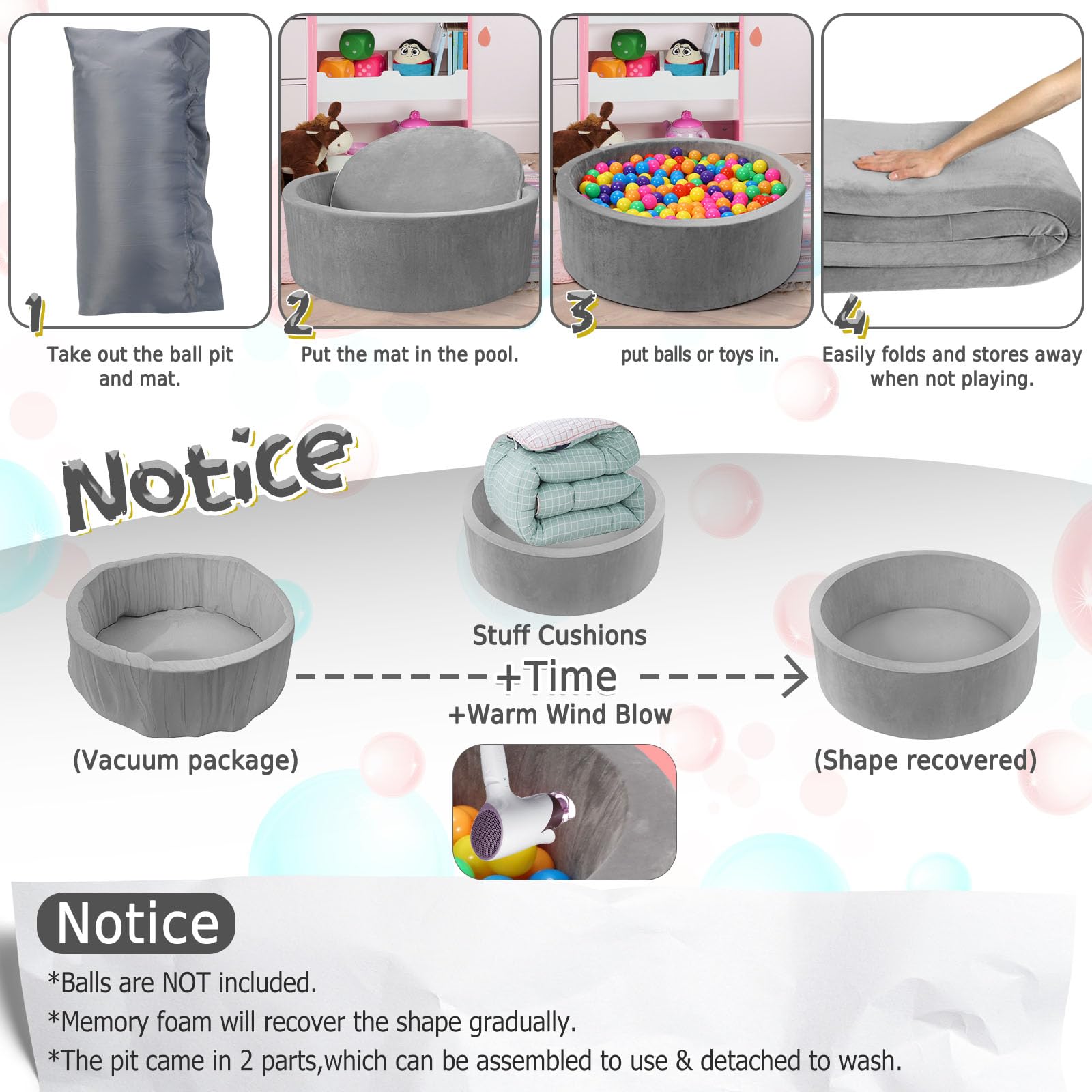 Baby Foam Ball Pit, 35.4"x 11.8" Ball Pits for Toddlers,Grey