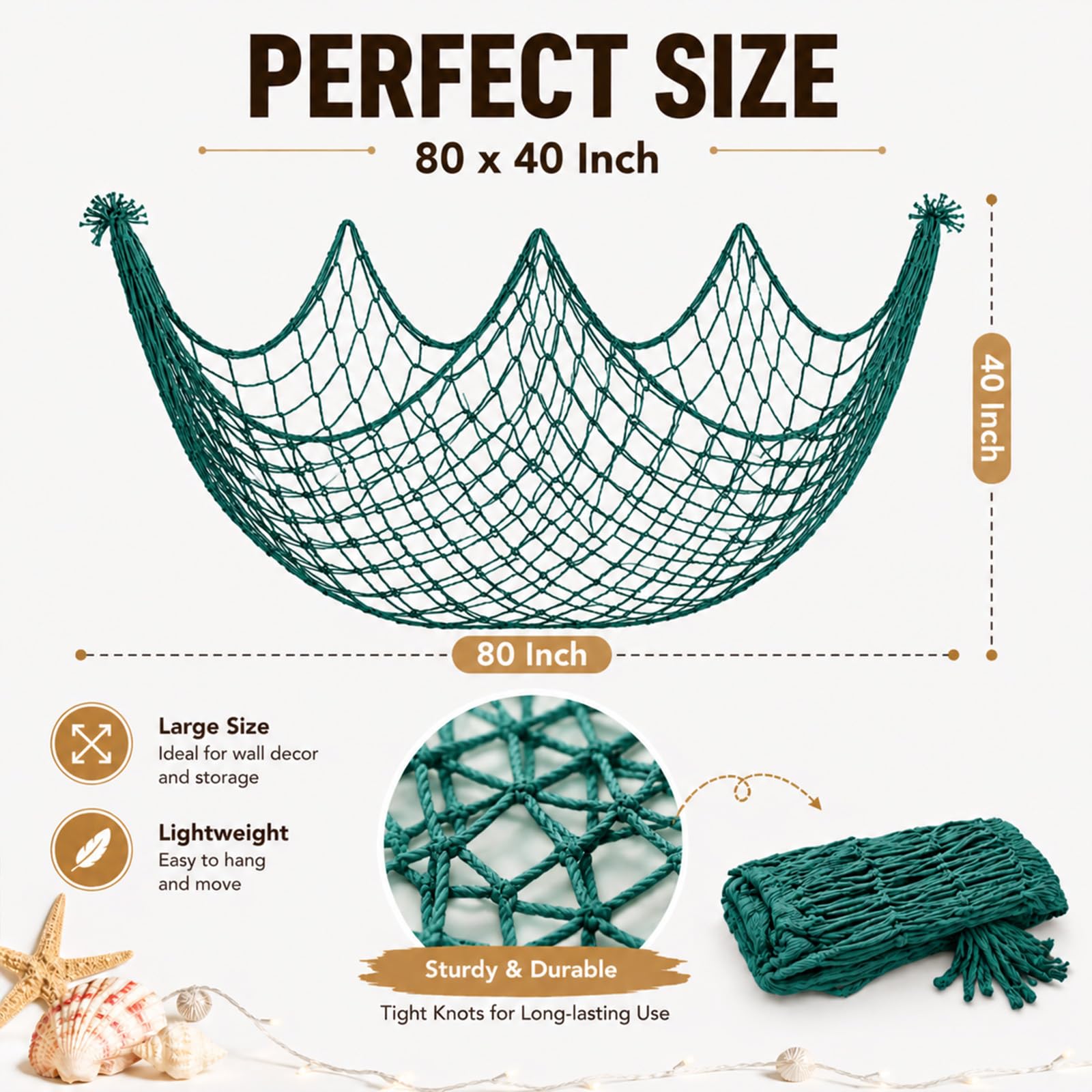 Fish Net Decorations for Party, 80x40 Inch Large Decorative Fish Netting Table Runner, Wall Photo Hanging Fishnet for Nautical Mermaid Pirate Hawaii