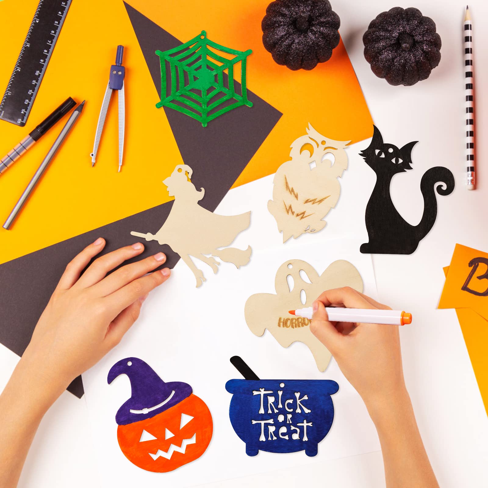 60PCS Halloween Crafts for Kids, DIY Painting Wooden Ornaments Kit, 12 Pre-Drilled Shapes Natural Wood, Halloween Party Decorations, Classroom