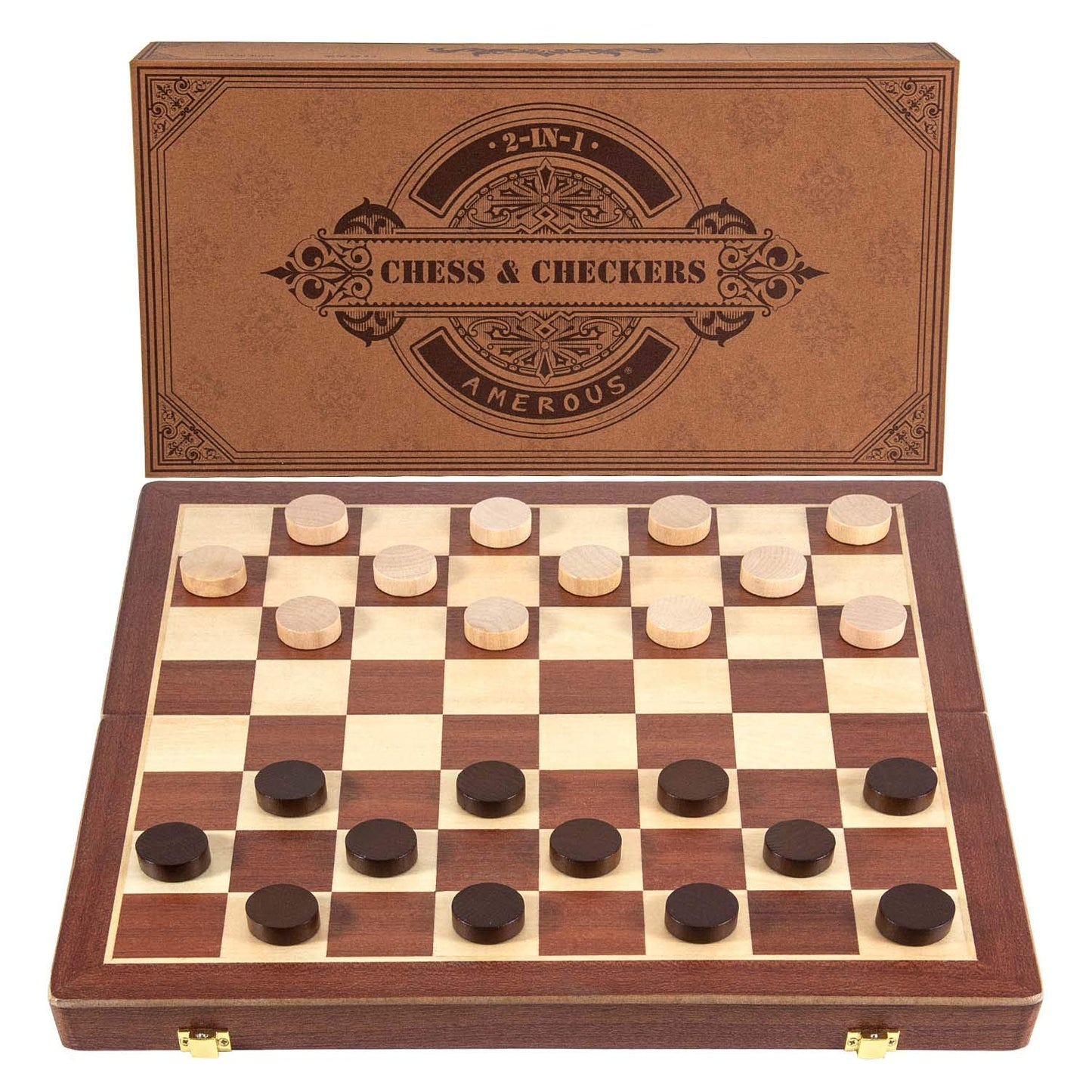 AMEROUS 15 Inches Magnetic Wooden Chess & Checkers Set (2 in 1) - Folding Board -Gift Box Packed -24 Cherkers Pieces -2 Extra Queens, Beginner Chess