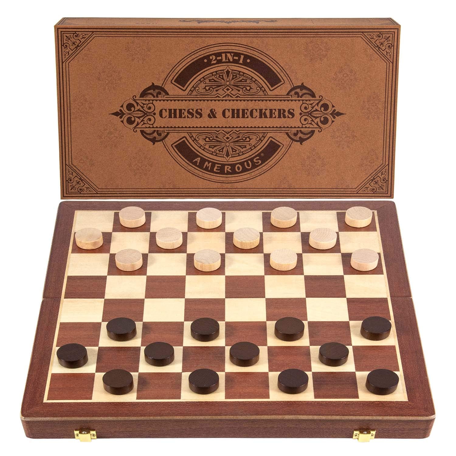 AMEROUS 15 Inches Magnetic Wooden Chess & Checkers Set (2 in 1) - Folding Board -Gift Box Packed -24 Cherkers Pieces -2 Extra Queens, Beginner Chess