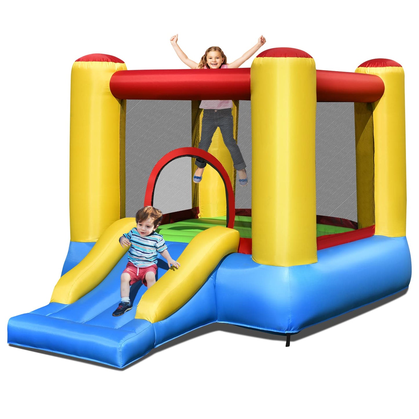 OLAKIDS Inflatable Bounce House, Jumping Castle with Slide, Bouncing Area, Polyester Mesh, Basketball Rim, Indoor Outdoor Bouncy House with Carrying